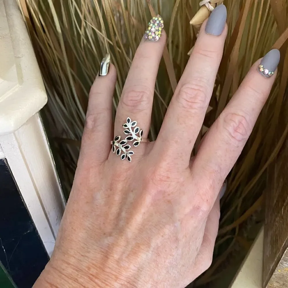 Sterling Black Onyx Olive Branch Tree Of Leaf Ring